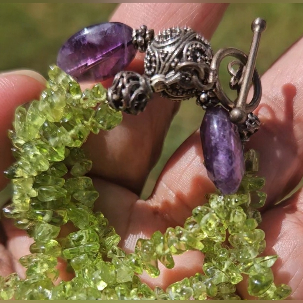 Vintage Peridot Chip and Amethyst Beaded Choker Necklace